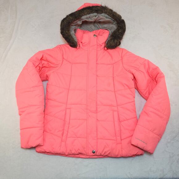 Columbia Puffer Jacket Womens Medium Neon Pink Florescent Hood Coral Pink - Picture 1 of 16